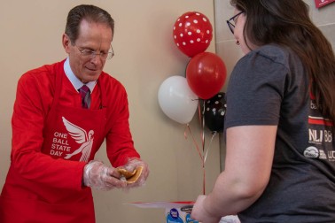 Ball State University president Geoffrey S. Mearns hands out pancakes for breakfast April, 9, 2019 in the David Letterman Building during One Ball State Day. One Ball State is an all in Initiative to unite and show their cardinal spirit. Eric Pritchett, DN